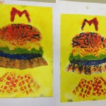 2 Collographs with rollover . Alan Birch print workshops in school.